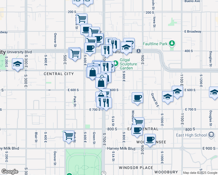 map of restaurants, bars, coffee shops, grocery stores, and more near 717 East 600 South in Salt Lake City