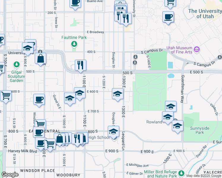 map of restaurants, bars, coffee shops, grocery stores, and more near 1251 East 600 South in Salt Lake City