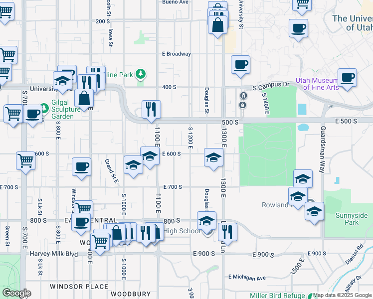 map of restaurants, bars, coffee shops, grocery stores, and more near 1203 East 600 South in Salt Lake City