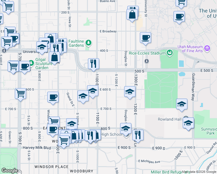 map of restaurants, bars, coffee shops, grocery stores, and more near 587 Elizabeth Street in Salt Lake City