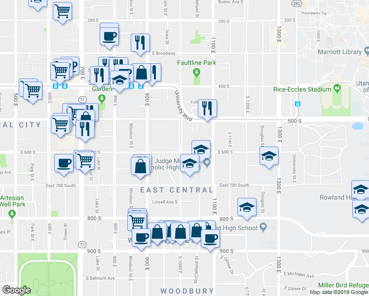map of restaurants, bars, coffee shops, grocery stores, and more near 576 South 1000 East in Salt Lake City