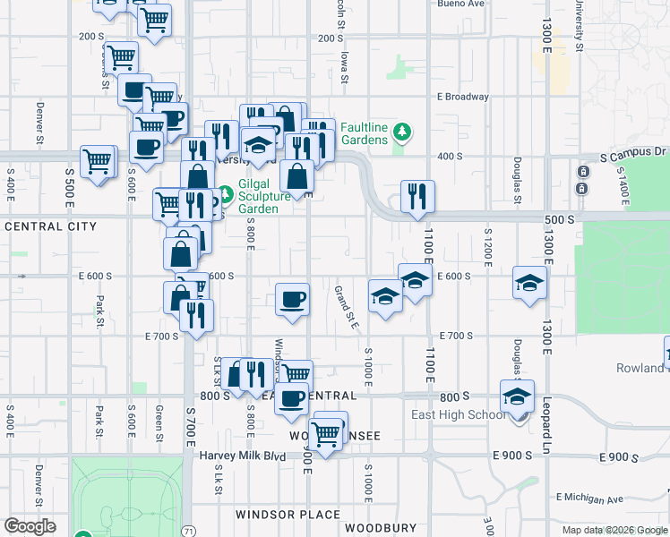 map of restaurants, bars, coffee shops, grocery stores, and more near 933 East 600 South in Salt Lake City