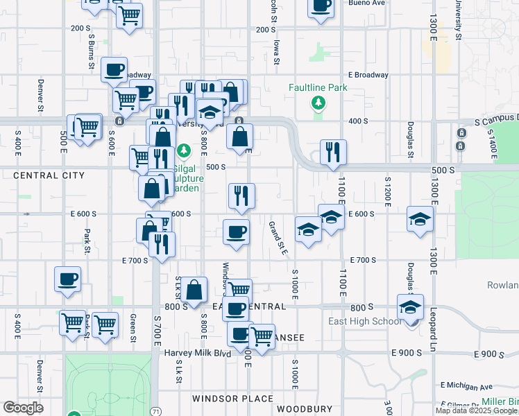 map of restaurants, bars, coffee shops, grocery stores, and more near 933 East 600 South in Salt Lake City