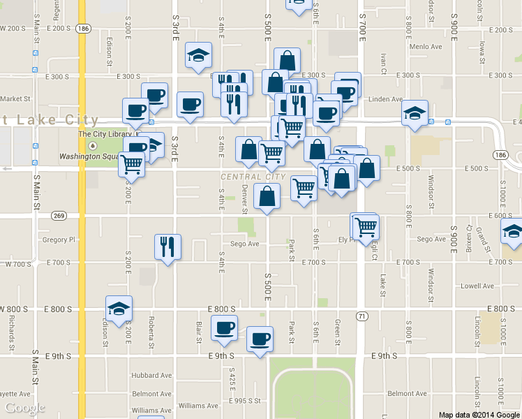 map of restaurants, bars, coffee shops, grocery stores, and more near 475 Martin Luther King Junior Boulevard in Salt Lake City