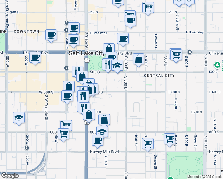 map of restaurants, bars, coffee shops, grocery stores, and more near 577 South 200 East in Salt Lake City