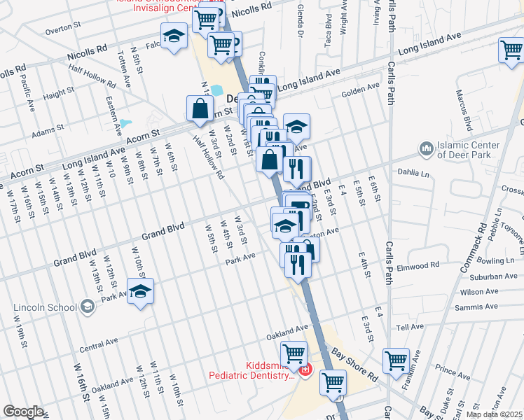map of restaurants, bars, coffee shops, grocery stores, and more near 121 West 2nd Street in Deer Park