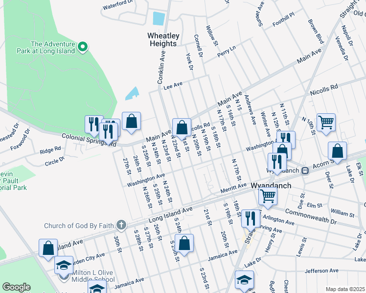 map of restaurants, bars, coffee shops, grocery stores, and more near 136 North 21st Street in Wyandanch