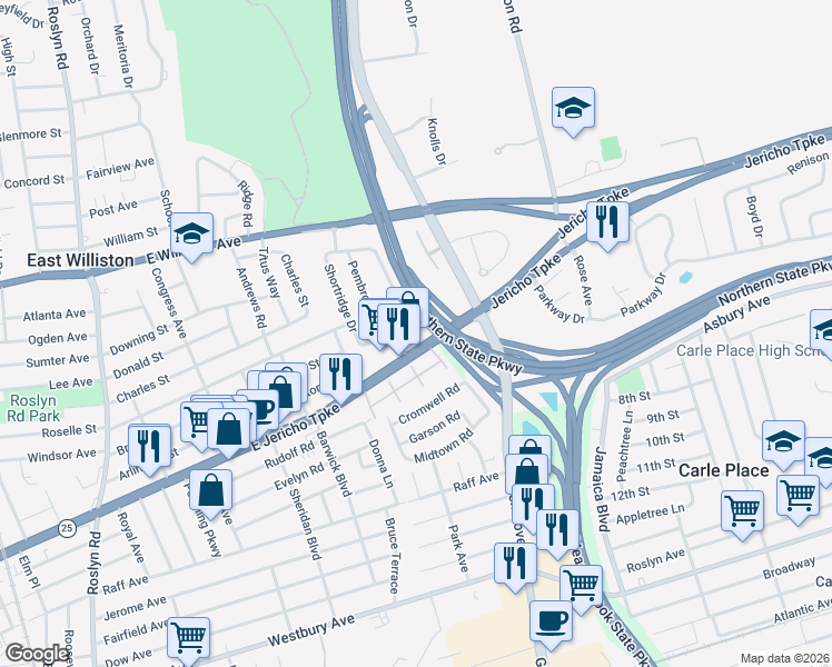 map of restaurants, bars, coffee shops, grocery stores, and more near 4 Jay Court in Mineola
