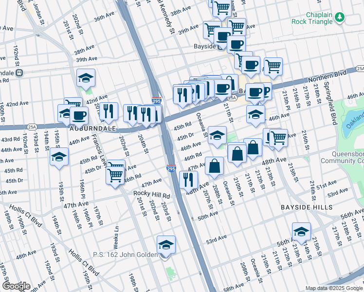 map of restaurants, bars, coffee shops, grocery stores, and more near 45-63 Clearview Expressway in Queens