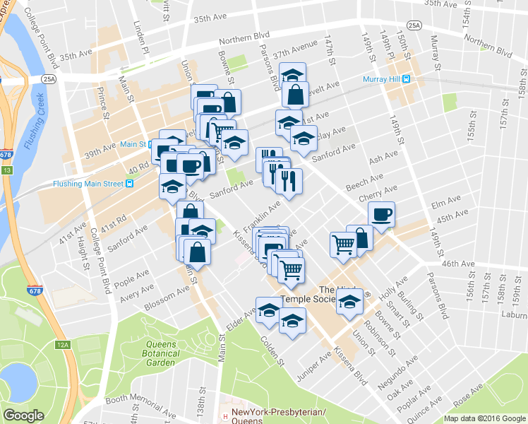 map of restaurants, bars, coffee shops, grocery stores, and more near 4192 Bowne Street in Queens
