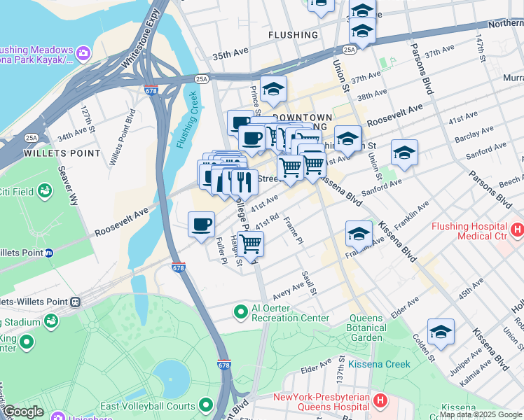 map of restaurants, bars, coffee shops, grocery stores, and more near in Queens