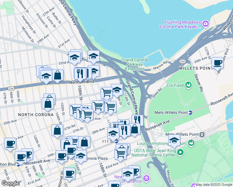 map of restaurants, bars, coffee shops, grocery stores, and more near 34-12 113th Street in Queens