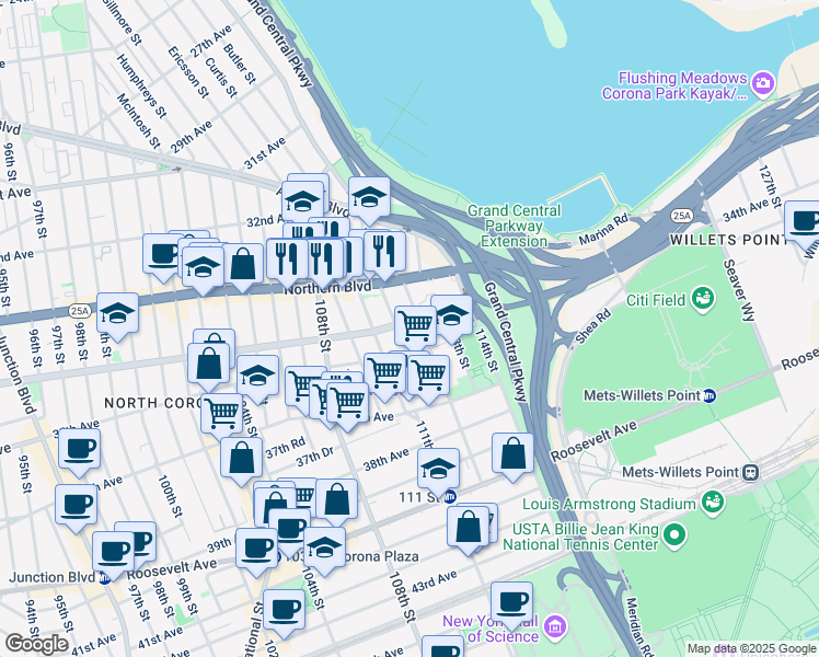 map of restaurants, bars, coffee shops, grocery stores, and more near 34-08 112th Street in Queens