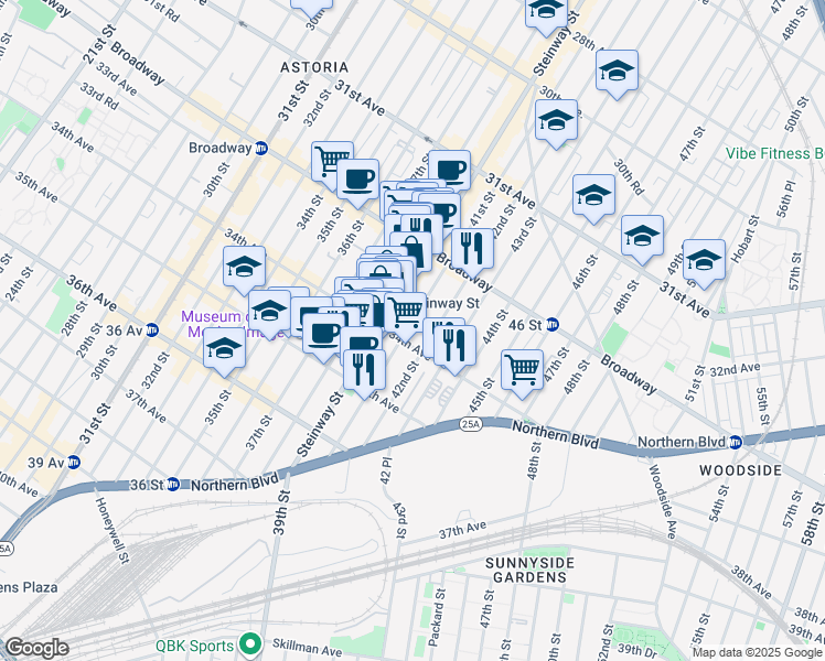 map of restaurants, bars, coffee shops, grocery stores, and more near 4015 34th Avenue in Queens