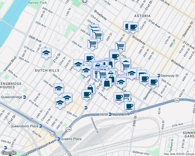 map of restaurants, bars, coffee shops, grocery stores, and more near in Queens