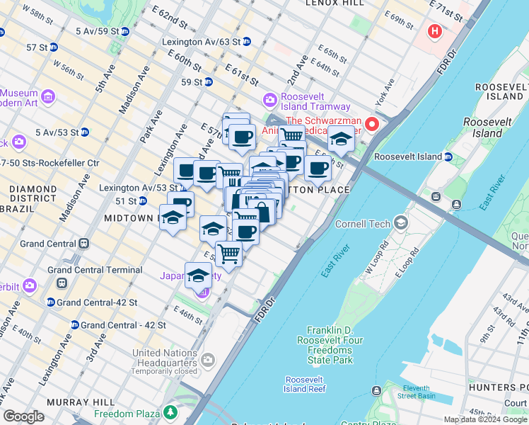 map of restaurants, bars, coffee shops, grocery stores, and more near 348 East 54th Street in New York