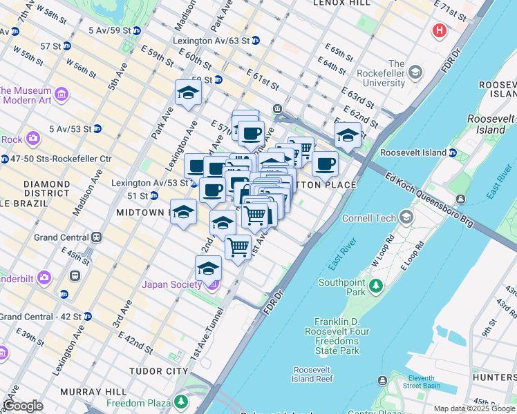 map of restaurants, bars, coffee shops, grocery stores, and more near 966 1st Avenue in New York