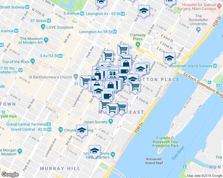 map of restaurants, bars, coffee shops, grocery stores, and more near in New York