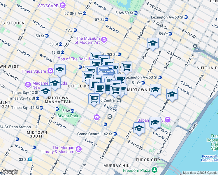 map of restaurants, bars, coffee shops, grocery stores, and more near 589 5th Avenue in New York