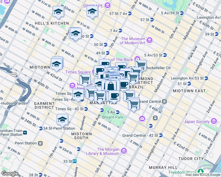 map of restaurants, bars, coffee shops, grocery stores, and more near 1150 6th Avenue in New York