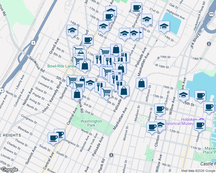 map of restaurants, bars, coffee shops, grocery stores, and more near 703 New York Avenue in Union City