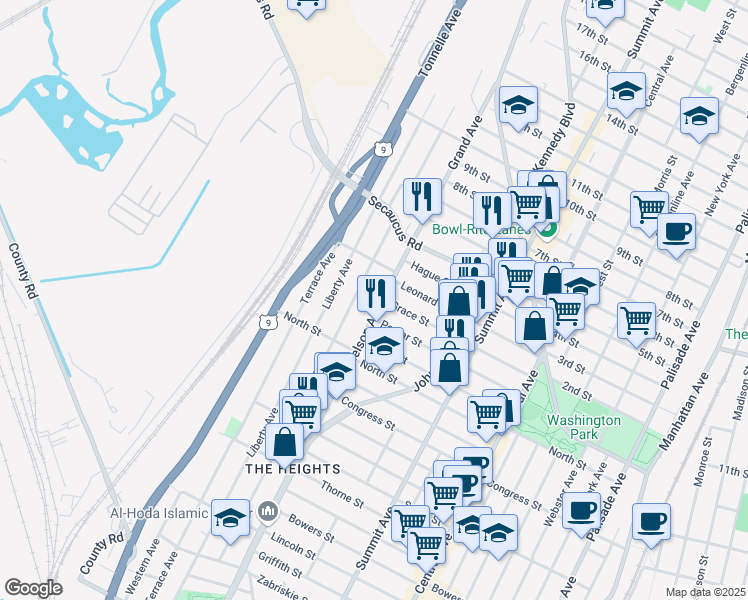 map of restaurants, bars, coffee shops, grocery stores, and more near 131 Nelson Avenue in Jersey City