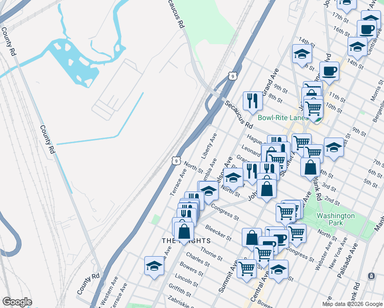 map of restaurants, bars, coffee shops, grocery stores, and more near 300 County Road 649 in Jersey City