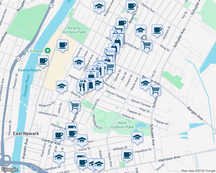 map of restaurants, bars, coffee shops, grocery stores, and more near 139 Devon Street in Kearny
