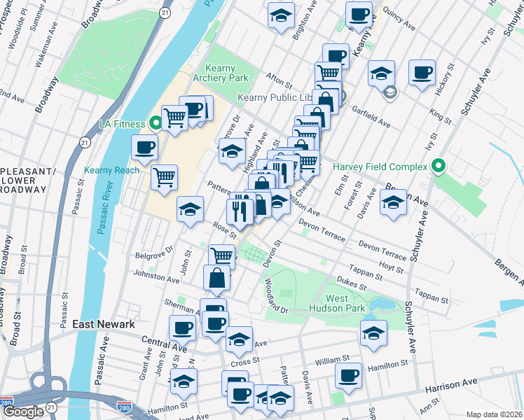 map of restaurants, bars, coffee shops, grocery stores, and more near 133 Kearny Avenue in Kearny