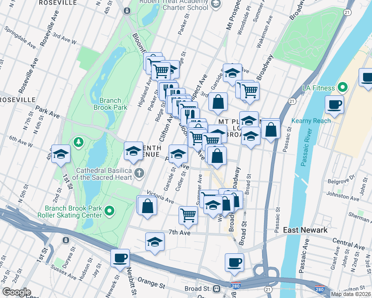 map of restaurants, bars, coffee shops, grocery stores, and more near 151 Garside Street in Newark