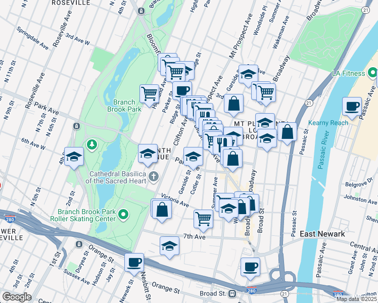 map of restaurants, bars, coffee shops, grocery stores, and more near 151 Garside Street in Newark
