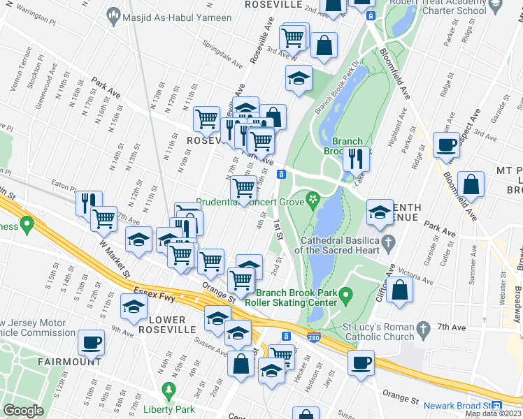 map of restaurants, bars, coffee shops, grocery stores, and more near 229 6th Avenue West in Newark