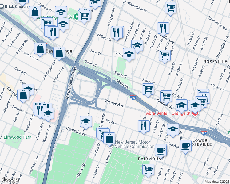 map of restaurants, bars, coffee shops, grocery stores, and more near 10 South Grove Street in East Orange