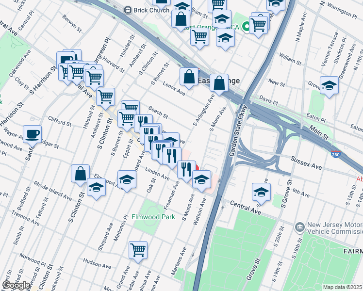 map of restaurants, bars, coffee shops, grocery stores, and more near 138 South Arlington Avenue in East Orange