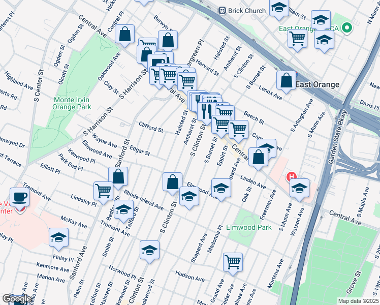 map of restaurants, bars, coffee shops, grocery stores, and more near in East Orange
