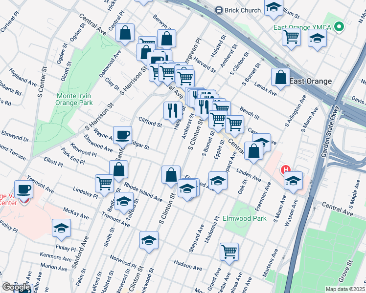 map of restaurants, bars, coffee shops, grocery stores, and more near in East Orange