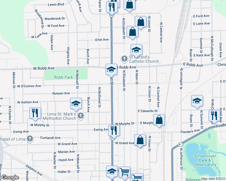 map of restaurants, bars, coffee shops, grocery stores, and more near 1020 North West Street in Lima