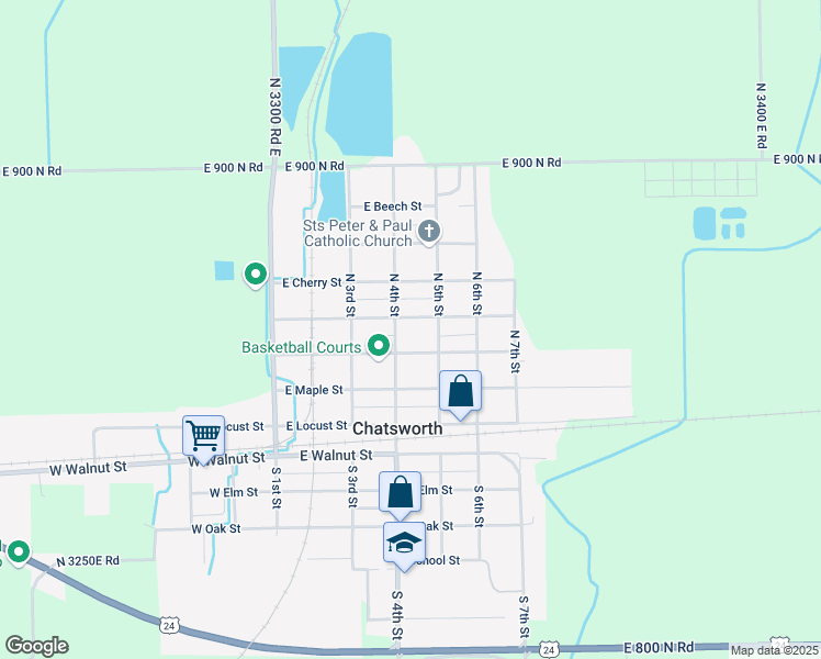 map of restaurants, bars, coffee shops, grocery stores, and more near 405 East Hickory Street in Chatsworth