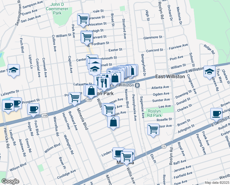 map of restaurants, bars, coffee shops, grocery stores, and more near 86 Sheridan Avenue in Williston Park