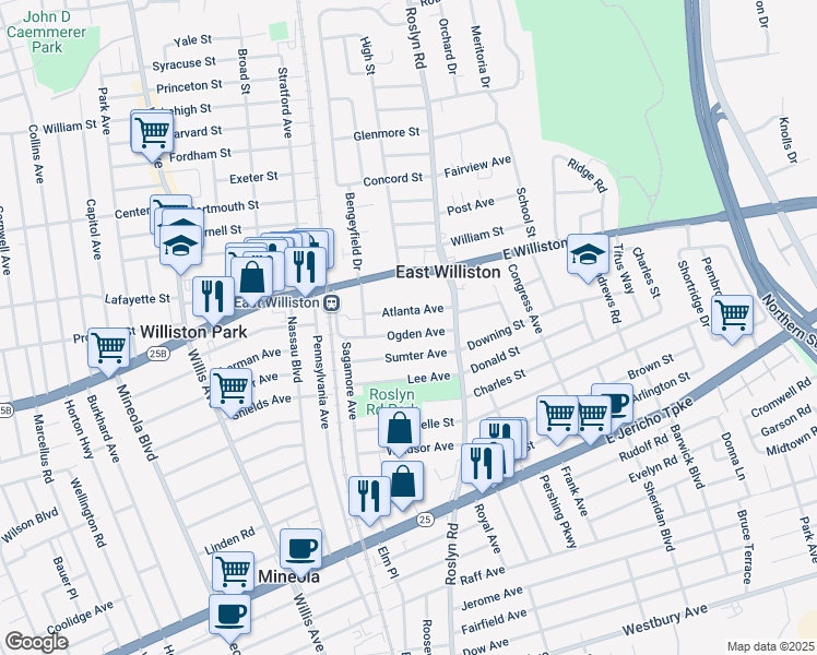 map of restaurants, bars, coffee shops, grocery stores, and more near 31 Ogden Avenue in East Williston