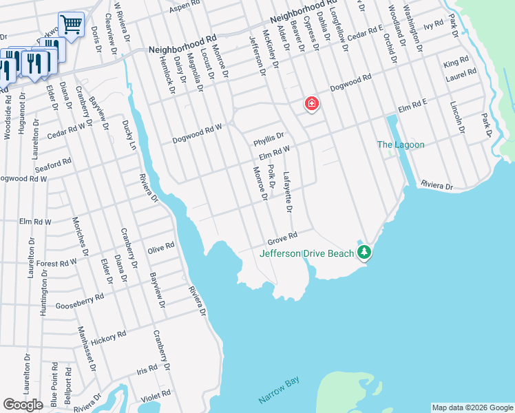 map of restaurants, bars, coffee shops, grocery stores, and more near 61 Locust Drive in Mastic Beach