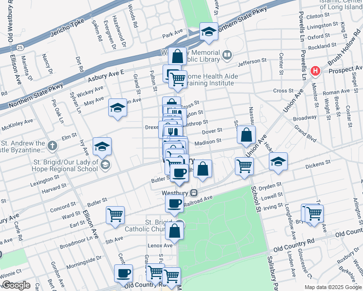 map of restaurants, bars, coffee shops, grocery stores, and more near 210 Post Avenue in Westbury