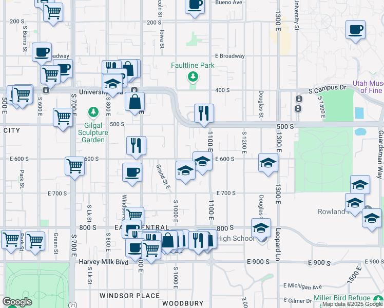 map of restaurants, bars, coffee shops, grocery stores, and more near 1035 East 600 South in Salt Lake City