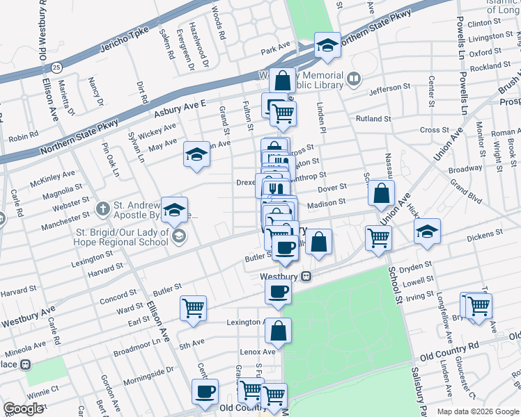 map of restaurants, bars, coffee shops, grocery stores, and more near 255 Schenck Avenue in Westbury
