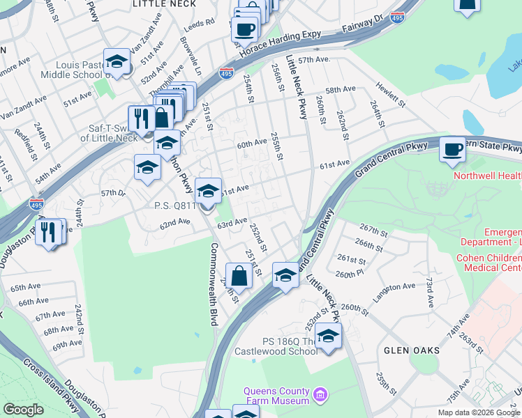 map of restaurants, bars, coffee shops, grocery stores, and more near 252-53 63rd Avenue in Queens