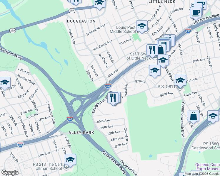 map of restaurants, bars, coffee shops, grocery stores, and more near 56-15 Douglaston Parkway in Queens