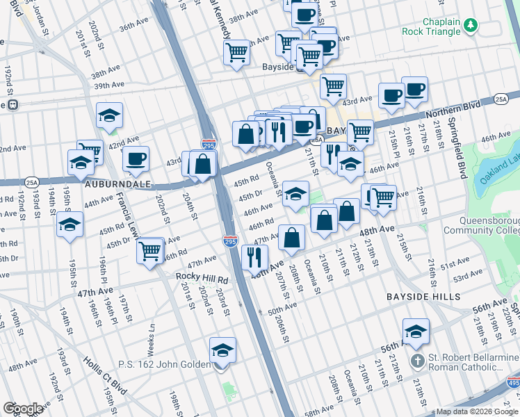 map of restaurants, bars, coffee shops, grocery stores, and more near 42 46th Avenue in Queens