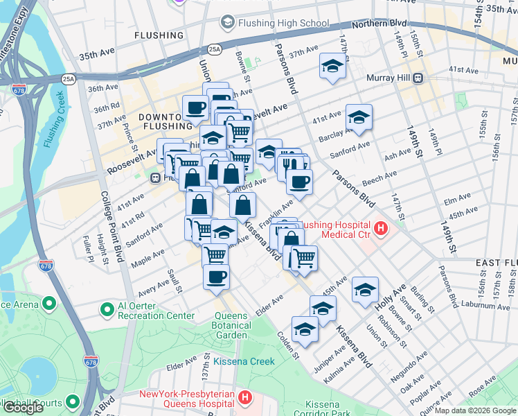 map of restaurants, bars, coffee shops, grocery stores, and more near in Queens