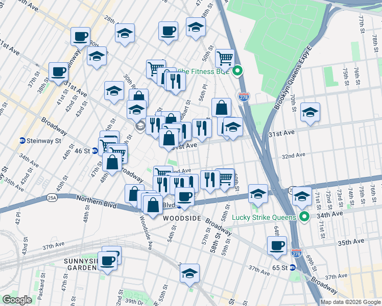 map of restaurants, bars, coffee shops, grocery stores, and more near 31-18 55th Street in Queens