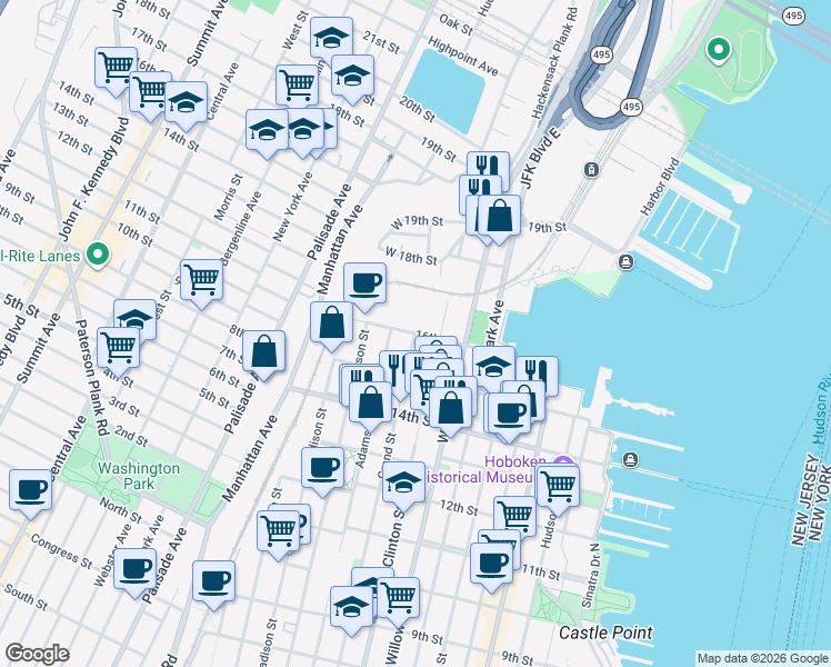 map of restaurants, bars, coffee shops, grocery stores, and more near 1524 Grand Street in Hoboken